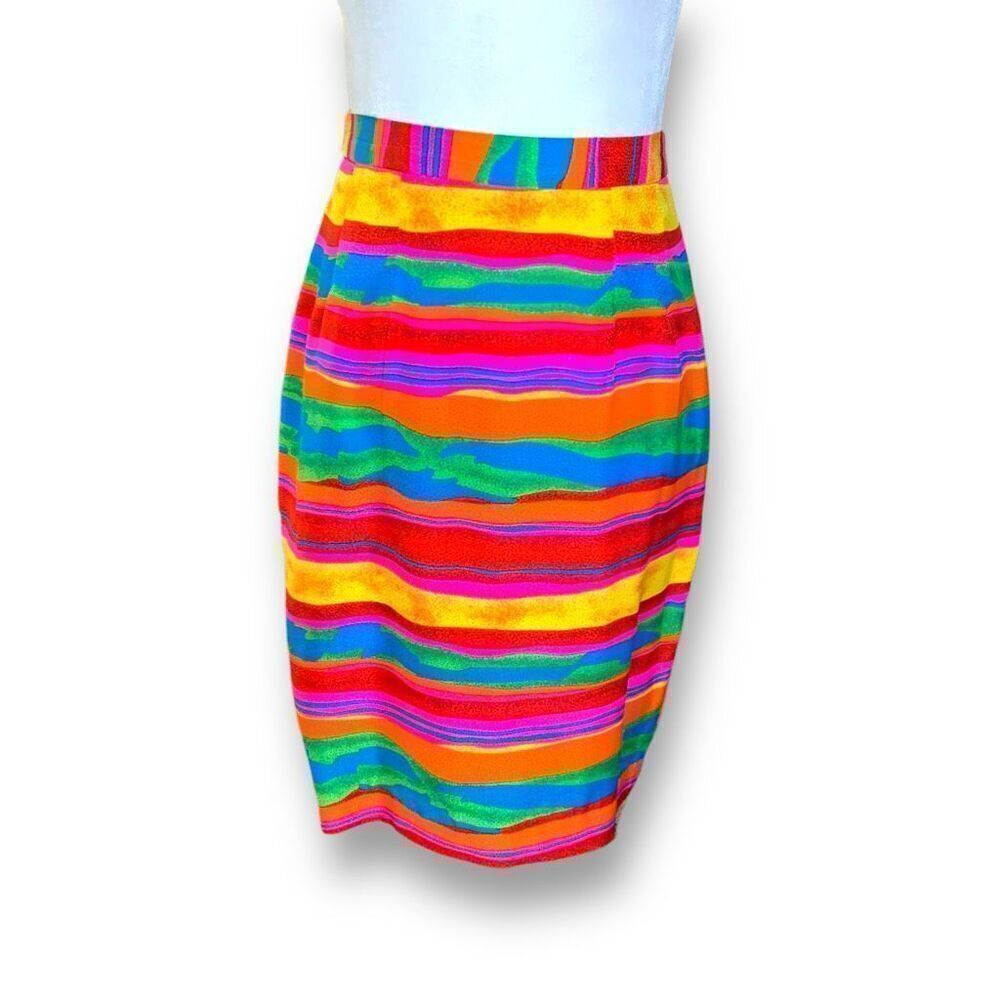 Vintage 90s Silk Skirt Colorful Rainbow Abstract Popsicle Stripes Knee Length